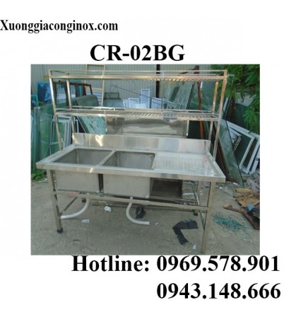 Chậu rửa inox công nghiệp 2 hố có bàn và giá CR-02BG